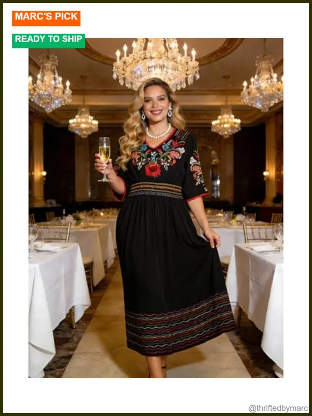 Mexican Floral Embroidered Boho Midi Dress Women A-Line V-Neck